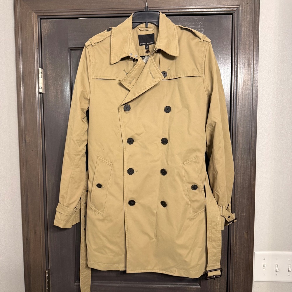 Banana Republic Mens Khaki Double Breasted Trench Coat Belted Plaid Lining M
